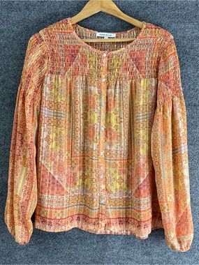 Rose & Olive Womens Boho Button Front Top Size Large Orange Long Sleeve Smocked